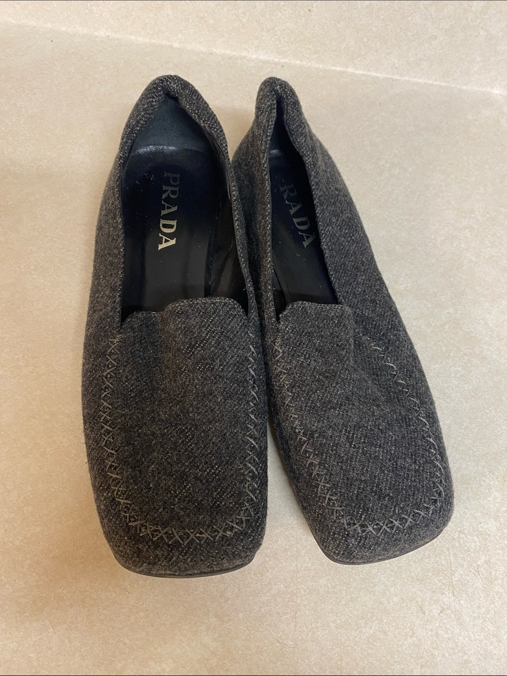PRADA Dark Gray Tweed Square-Toe Loafers